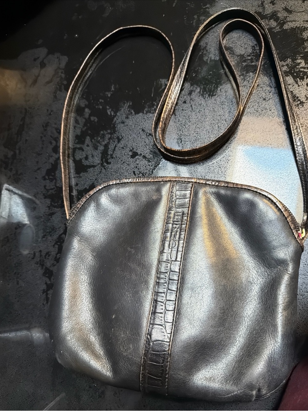 Fendi Black Leather Crossbody with Croc-Textured Center Trim